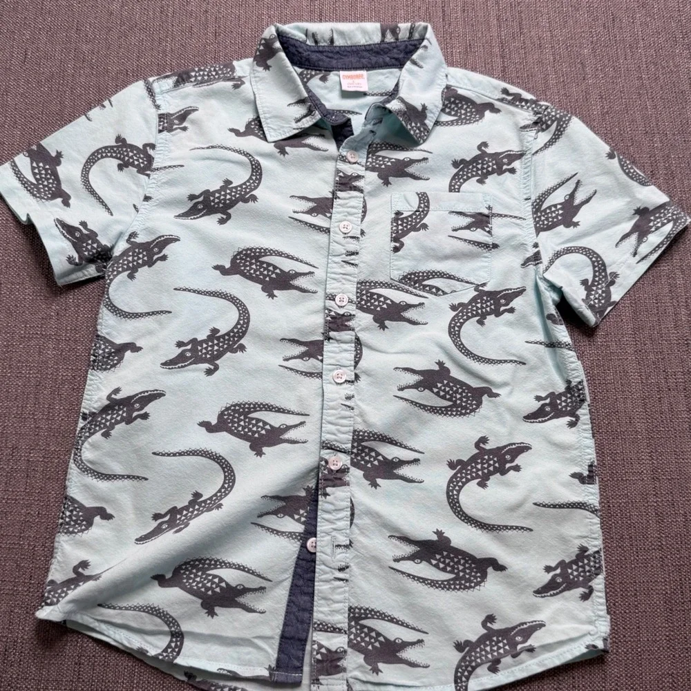 Gymboree Boys Blue Crocodile Print Short Sleeve Button Down Shirt Size L 10-12